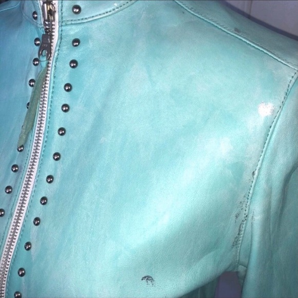 Leather Turquoise distressed Biker Jacket NWOT - Picture 4 of 11